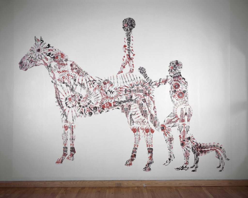 François Morelli, Horse Sense, 1995
Impression tampon encreur in situ, 320 x 363 cm, Artspace, New Haven (Connecticut, États-Unis)