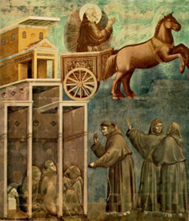 La peinture représente une scène religieuse dramatique. En haut de l'image, un personnage saint, probablement avec une auréole, se tient sur un char tiré par un grand cheval. En bas, quatre figures en robes brunes, probablement des moines, sont devant une structure architecturale ressemblant à un bâtiment avec des fenêtres. Les moines semblent être en pleine conversation ou prière.