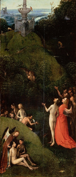 Jérôme Bosch, Visions de l’au-delà*. (La chute des damnés, Rivière vers l’enfer, Le paradis, Montée des bienheureux vers l’empyrée), entre 1504-1505, huile sur bois, 86,5 x 39,5 cm (chaque panneau), Galleria dell'Accademia, Venise. * Visions de l’au-delà est le titre englobant le cycle de quatre panneaux peints à l’huile par Jérôme Bosch au début du XVIe siècle.