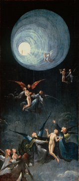 Jérôme Bosch, Visions de l’au-delà*. (La chute des damnés, Rivière vers l’enfer, Le paradis, Montée des bienheureux vers l’empyrée), entre 1504-1505, huile sur bois, 86,5 x 39,5 cm (chaque panneau), Galleria dell'Accademia, Venise. * Visions de l’au-delà est le titre englobant le cycle de quatre panneaux peints à l’huile par Jérôme Bosch au début du XVIe siècle.